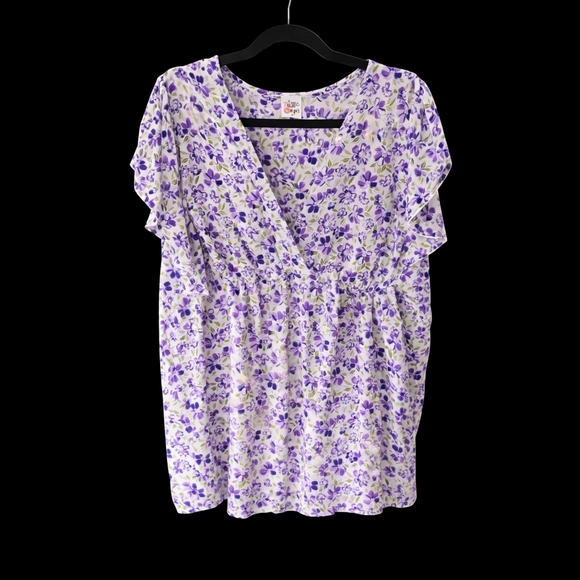 The Zigzag Stripe Tops - ZigZag Stripe | Purple Floral Ruffle Sleeve Babydoll Top | XXL